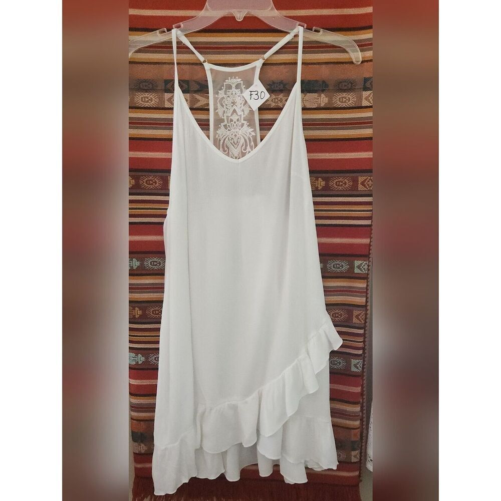 F30 White Ruffle-Hem Spaghetti Strap mini Dress or long top lace back insert